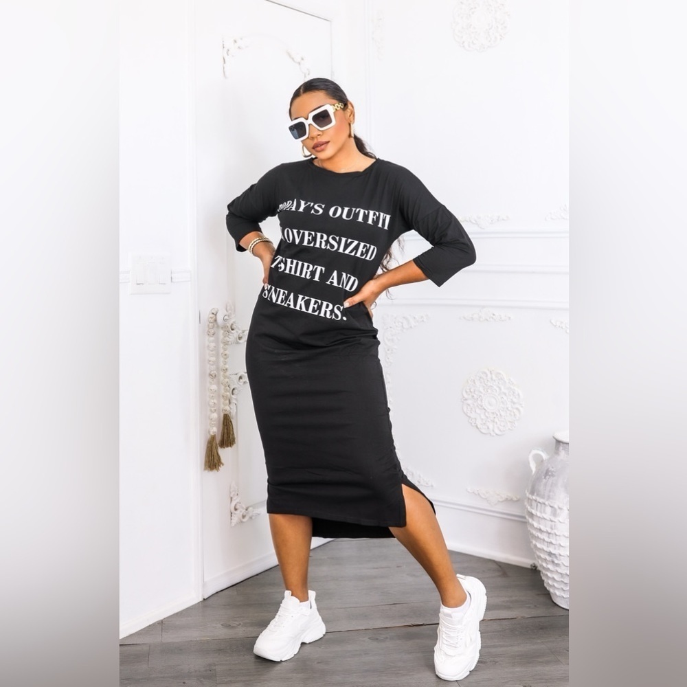 Black Midi dress today outfit is an oversized tee and sneakers type - Picture 1 of 4